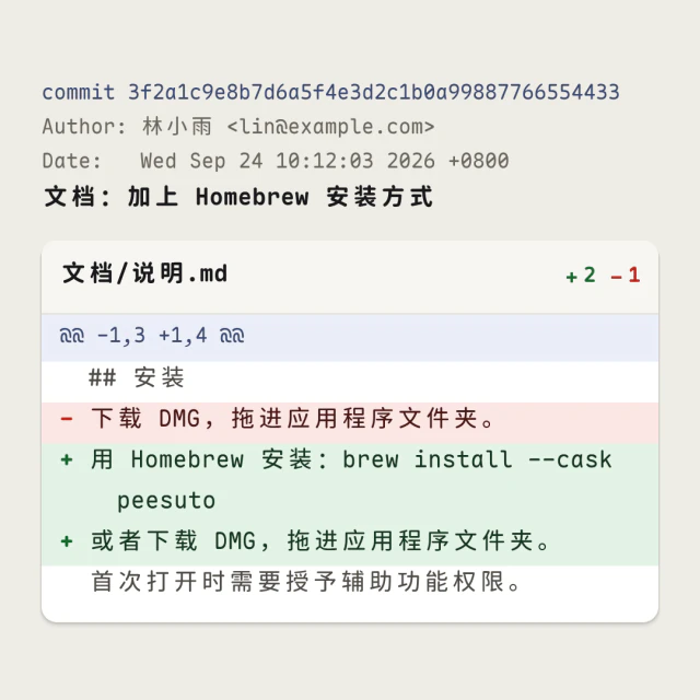 由示例文字生成的代码差异卡片，审阅卡片样式。